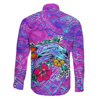 Dolphin Polynesia Family Matching Off Shoulder Short Dress and Hawaiian Shirt Hibiscus Tropical Wave - Purple Vibes DT02 - Polynesian Pride