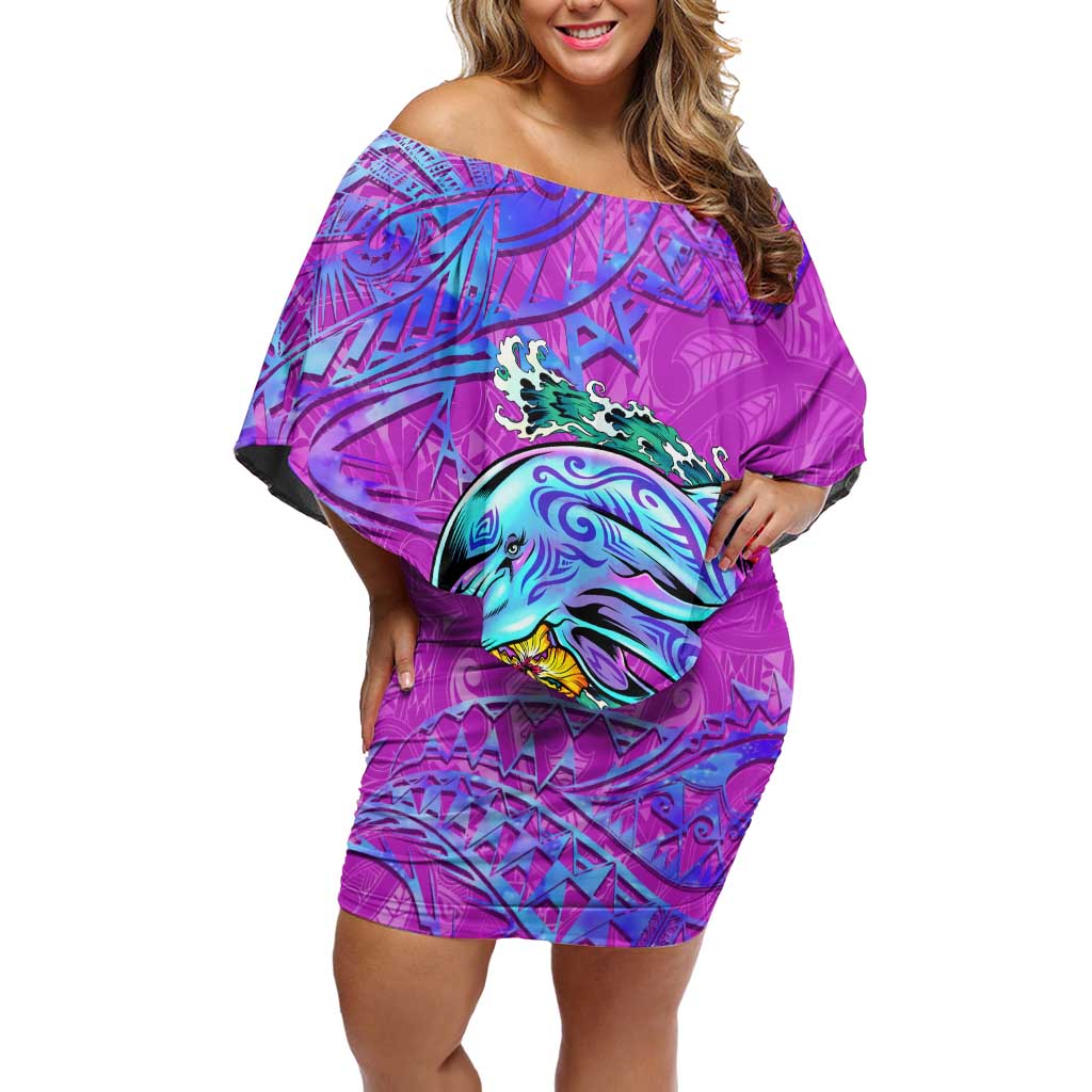 Dolphin Polynesia Family Matching Off Shoulder Short Dress and Hawaiian Shirt Hibiscus Tropical Wave - Purple Vibes DT02 Mom's Dress Purple - Polynesian Pride