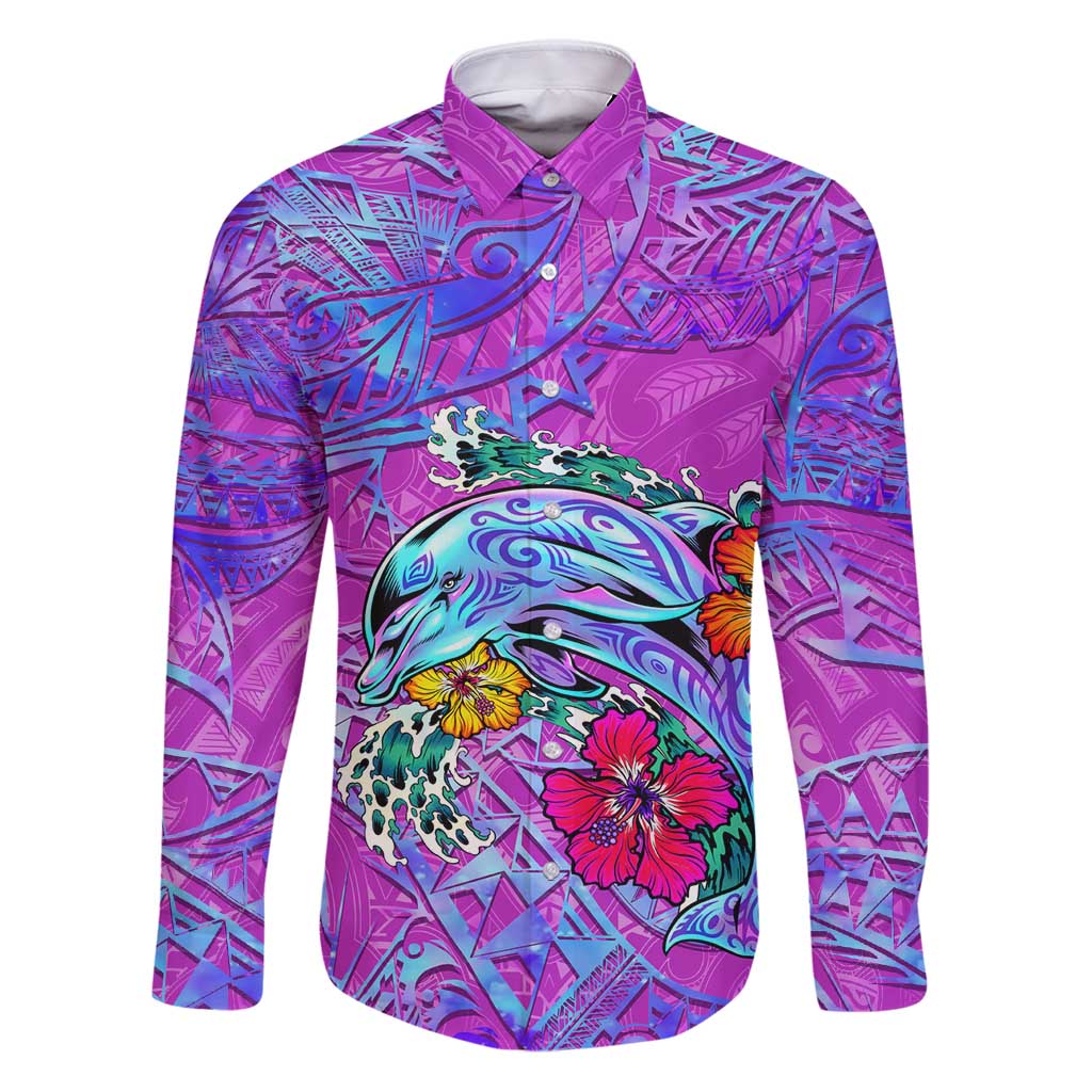 Personalized Dolphin Polynesia Family Matching Puletasi and Hawaiian Shirt Hibiscus Tropical Wave - Purple Vibes