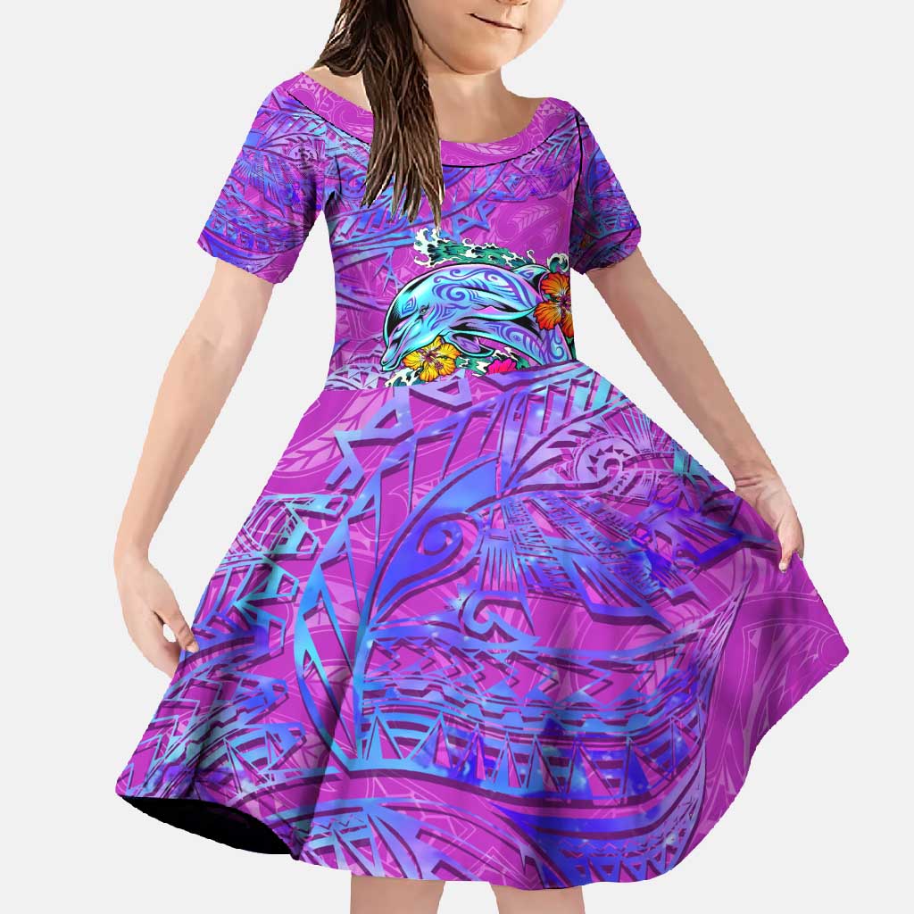 Dolphin Polynesia Family Matching Short Sleeve Bodycon Dress and Hawaiian Shirt Hibiscus Tropical Wave - Purple Vibes DT02 Daughter's Dress Purple - Polynesian Pride