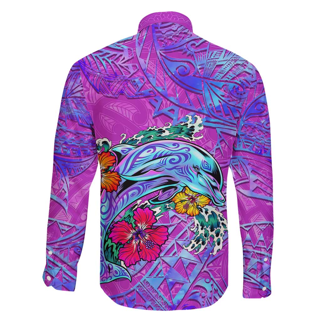 Dolphin Polynesia Family Matching Short Sleeve Bodycon Dress and Hawaiian Shirt Hibiscus Tropical Wave - Purple Vibes DT02 - Polynesian Pride