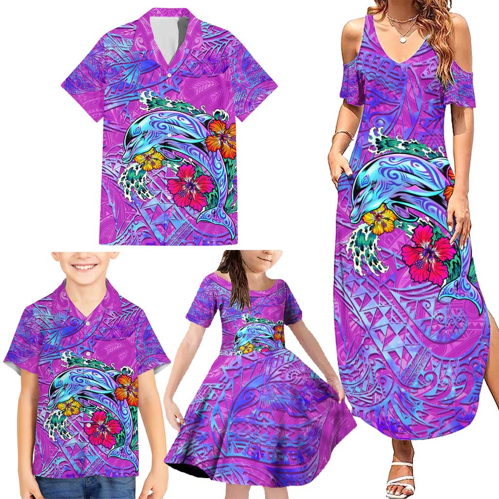 Dolphin Polynesia Family Matching Summer Maxi Dress and Hawaiian Shirt Hibiscus Tropical Wave - Purple Vibes DT02 - Polynesian Pride