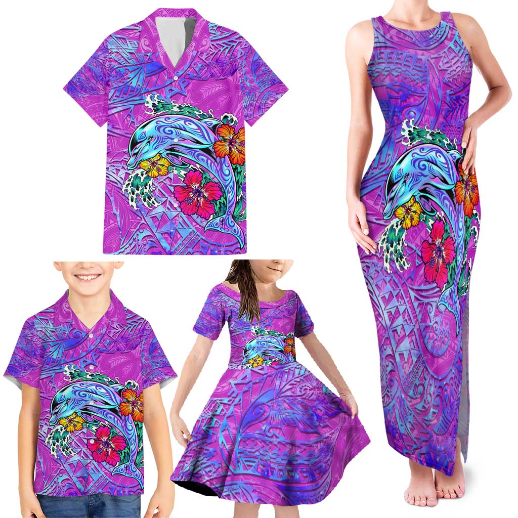 Dolphin Polynesia Family Matching Tank Maxi Dress and Hawaiian Shirt Hibiscus Tropical Wave - Purple Vibes DT02 - Polynesian Pride