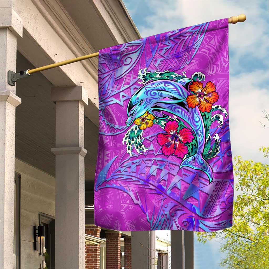 Dolphin Polynesia Garden Flag Hibiscus Tropical Wave - Purple Vibes DT02 House Flag Purple - Polynesian Pride