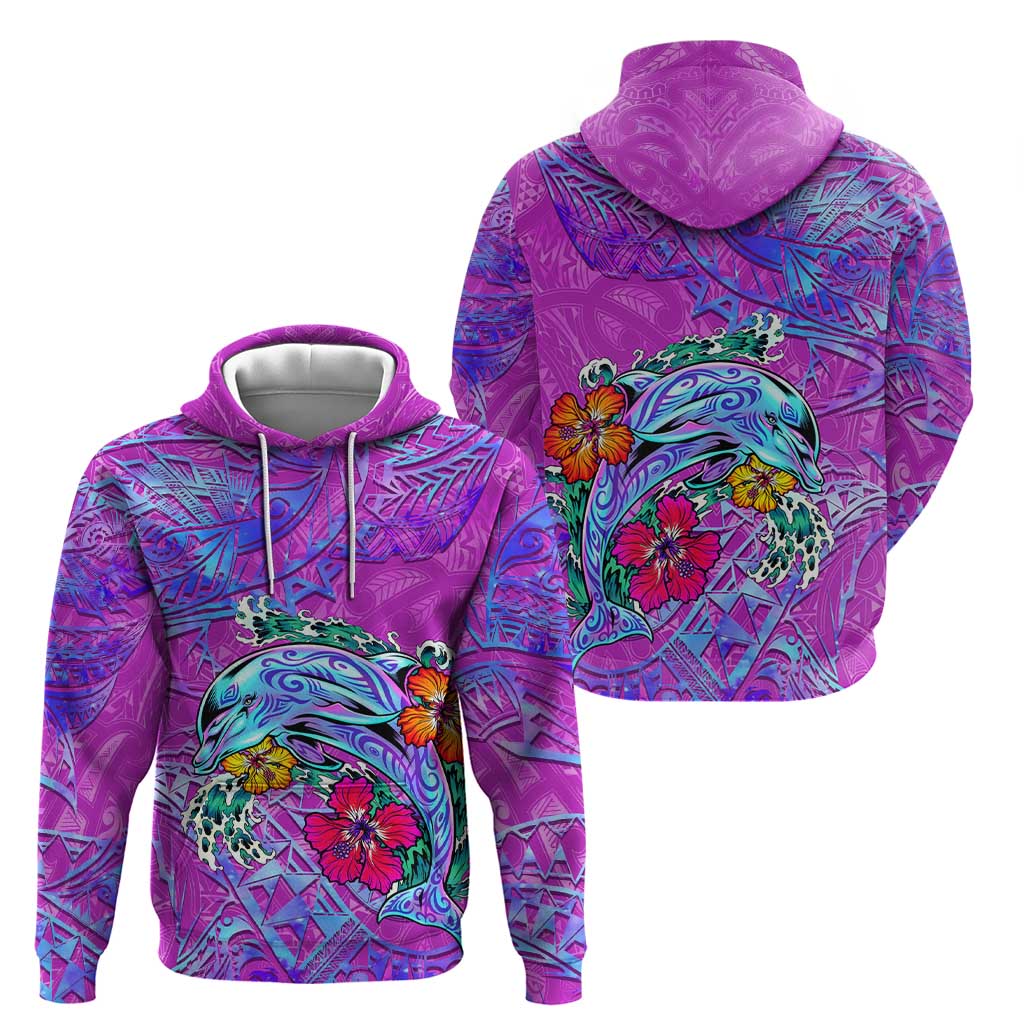 Personalized Dolphin Polynesia Hoodie Hibiscus Tropical Wave - Purple Vibes