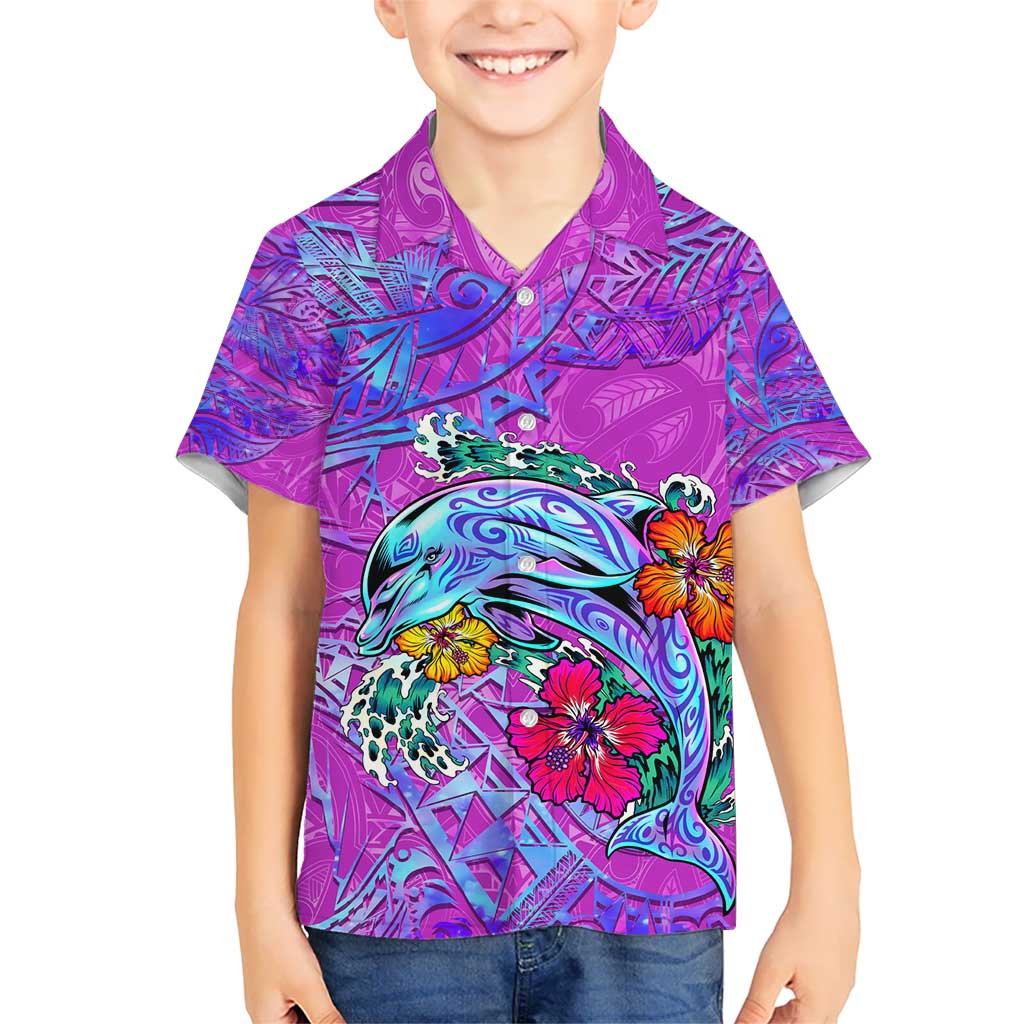Personalized Dolphin Polynesia Kid Hawaiian Shirt Hibiscus Tropical Wave - Purple Vibes