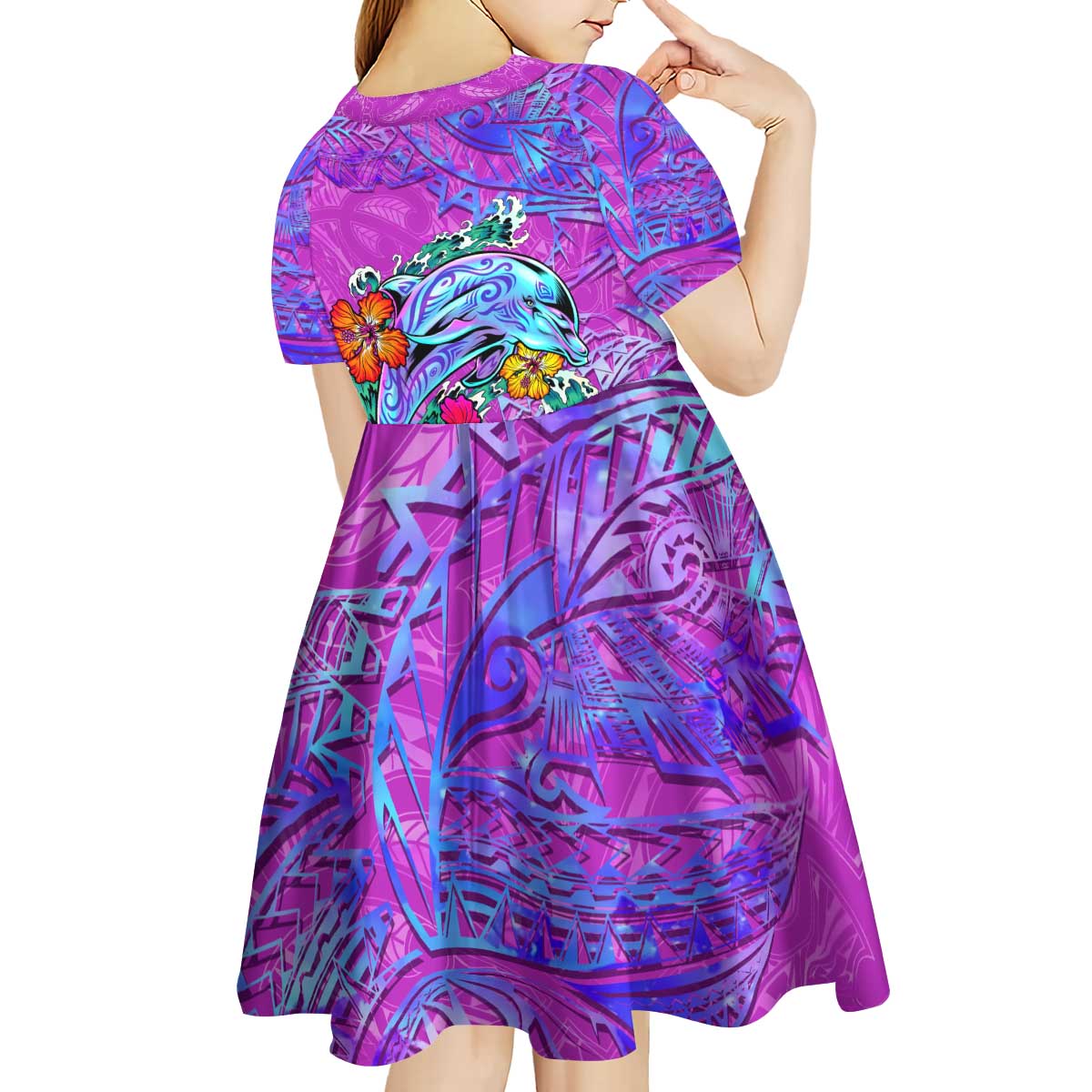 Personalized Dolphin Polynesia Kid Short Sleeve Dress Hibiscus Tropical Wave - Purple Vibes