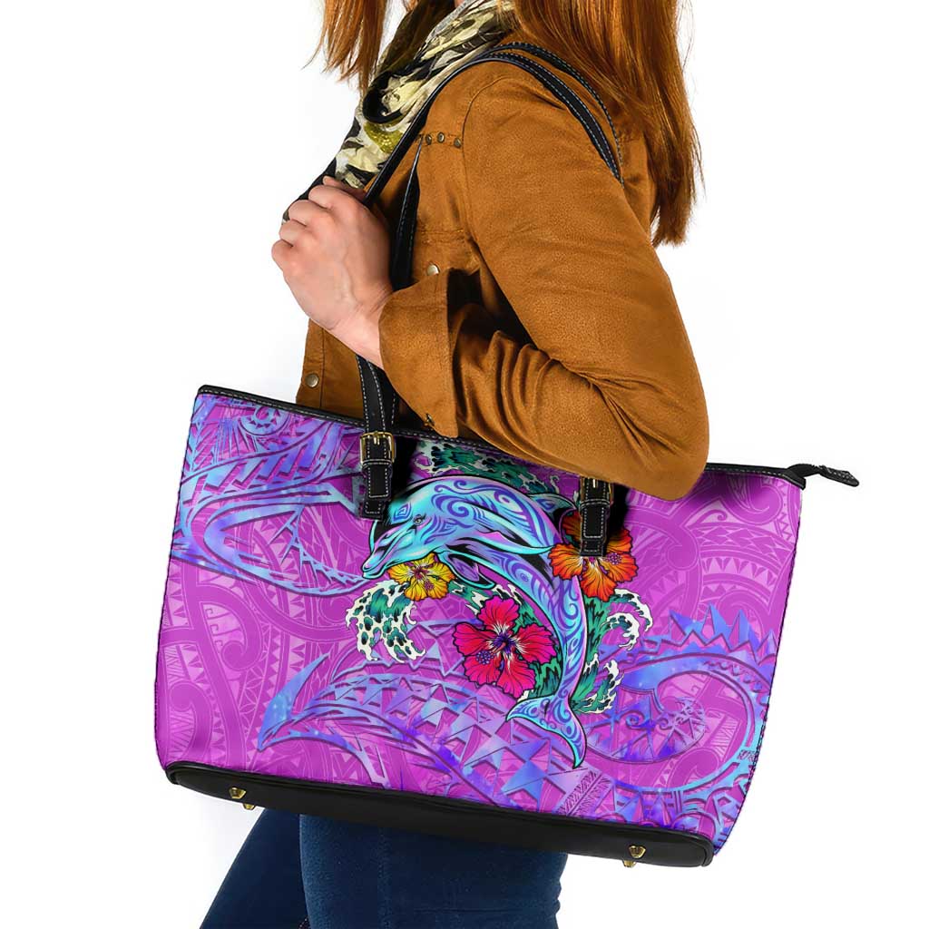 Dolphin Polynesia Leather Tote Bag Hibiscus Tropical Wave - Purple Vibes