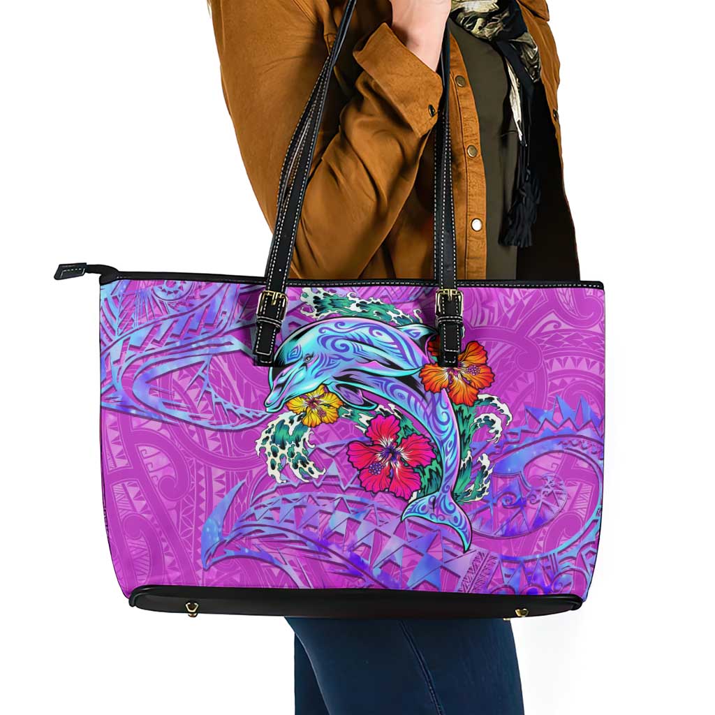 Dolphin Polynesia Leather Tote Bag Hibiscus Tropical Wave - Purple Vibes DT02 - Polynesian Pride