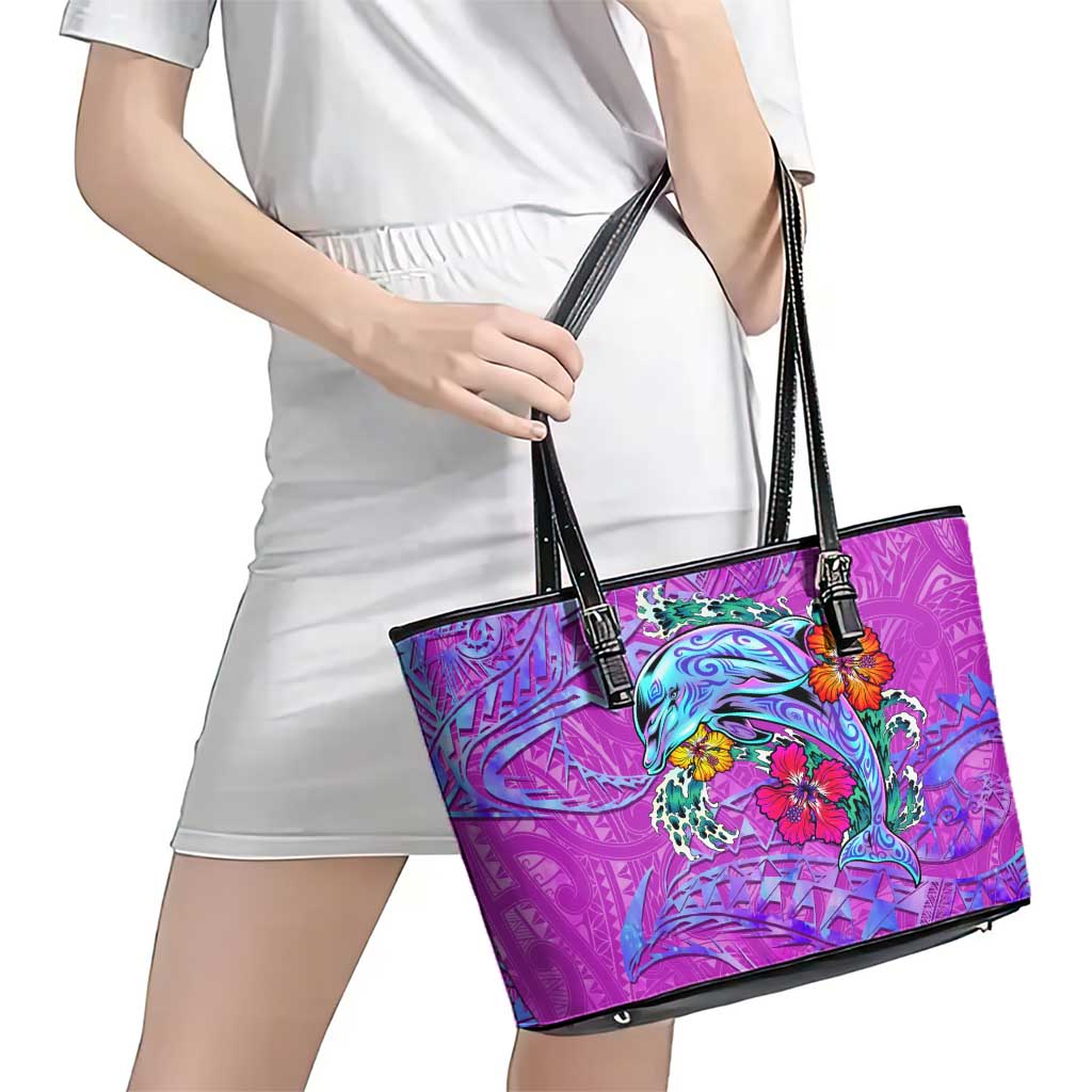 Dolphin Polynesia Leather Tote Bag Hibiscus Tropical Wave - Purple Vibes DT02 - Polynesian Pride