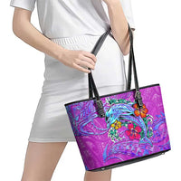 Dolphin Polynesia Leather Tote Bag Hibiscus Tropical Wave - Purple Vibes DT02 - Polynesian Pride