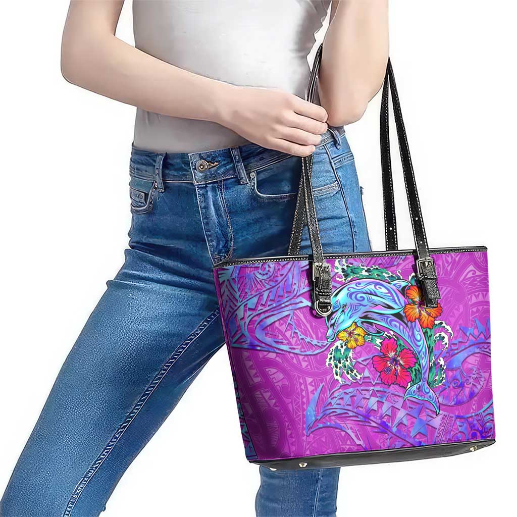 Dolphin Polynesia Leather Tote Bag Hibiscus Tropical Wave - Purple Vibes DT02 - Polynesian Pride