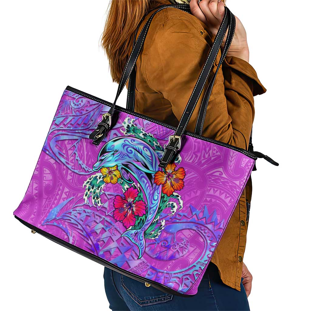 Dolphin Polynesia Leather Tote Bag Hibiscus Tropical Wave - Purple Vibes DT02 - Polynesian Pride