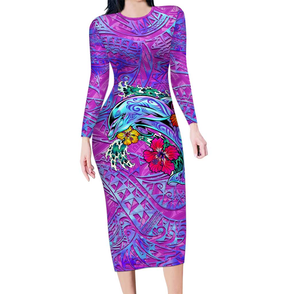 Personalized Dolphin Polynesia Long Sleeve Bodycon Dress Hibiscus Tropical Wave - Purple Vibes