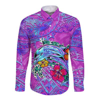 Dolphin Polynesia Long Sleeve Button Shirt Hibiscus Tropical Wave - Purple Vibes DT02 Unisex Purple - Polynesian Pride