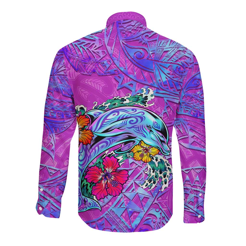 Dolphin Polynesia Long Sleeve Button Shirt Hibiscus Tropical Wave - Purple Vibes DT02 - Polynesian Pride
