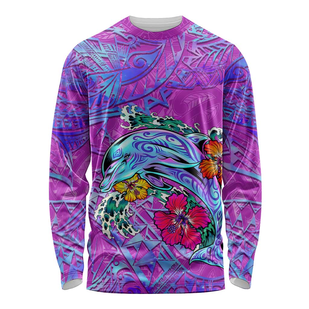 Personalized Dolphin Polynesia Long Sleeve Shirt Hibiscus Tropical Wave - Purple Vibes