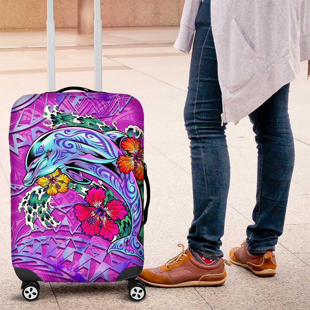 Dolphin Polynesia Luggage Cover Hibiscus Tropical Wave - Purple Vibes