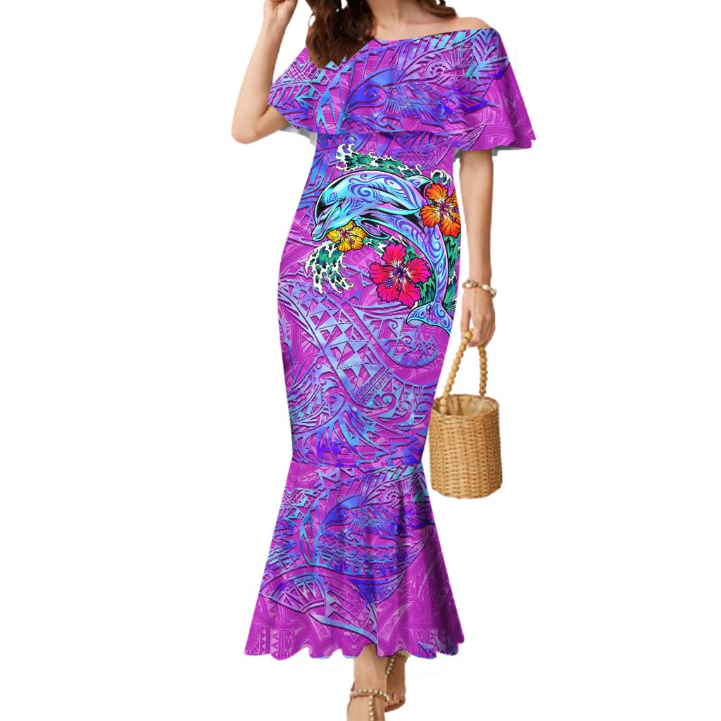 Personalized Dolphin Polynesia Mermaid Dress Hibiscus Tropical Wave - Purple Vibes