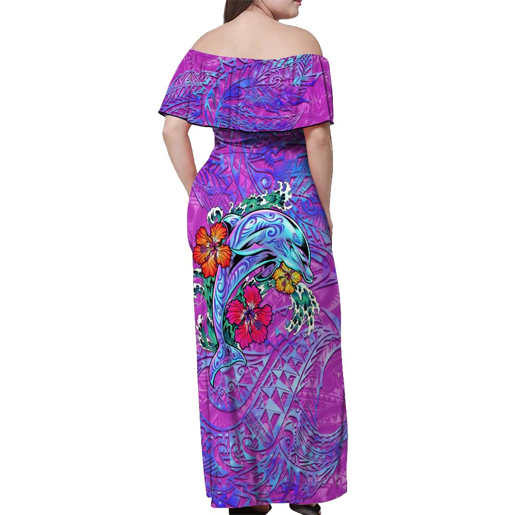 Dolphin Polynesia Off Shoulder Maxi Dress Hibiscus Tropical Wave - Purple Vibes DT02 - Polynesian Pride