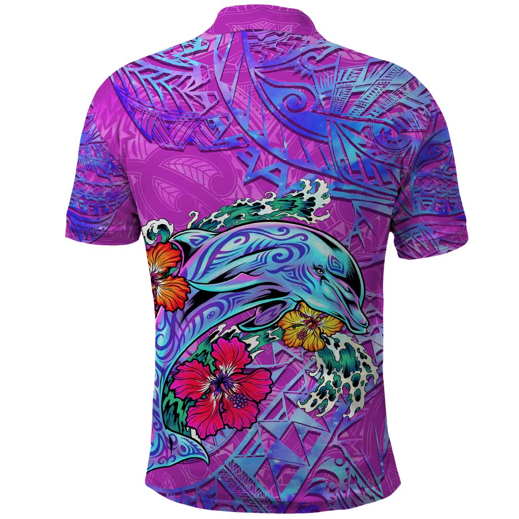 Personalized Dolphin Polynesia Polo Shirt Hibiscus Tropical Wave - Purple Vibes