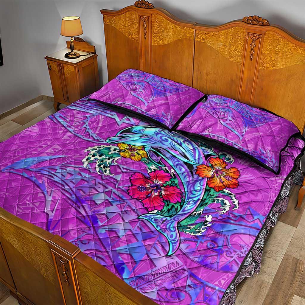 Dolphin Polynesia Quilt Bed Set Hibiscus Tropical Wave - Purple Vibes DT02 - Polynesian Pride