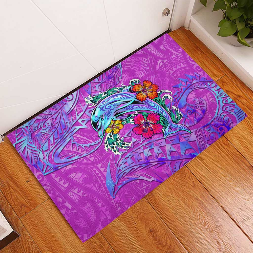 Dolphin Polynesia Rubber Doormat Hibiscus Tropical Wave - Purple Vibes DT02 - Polynesian Pride