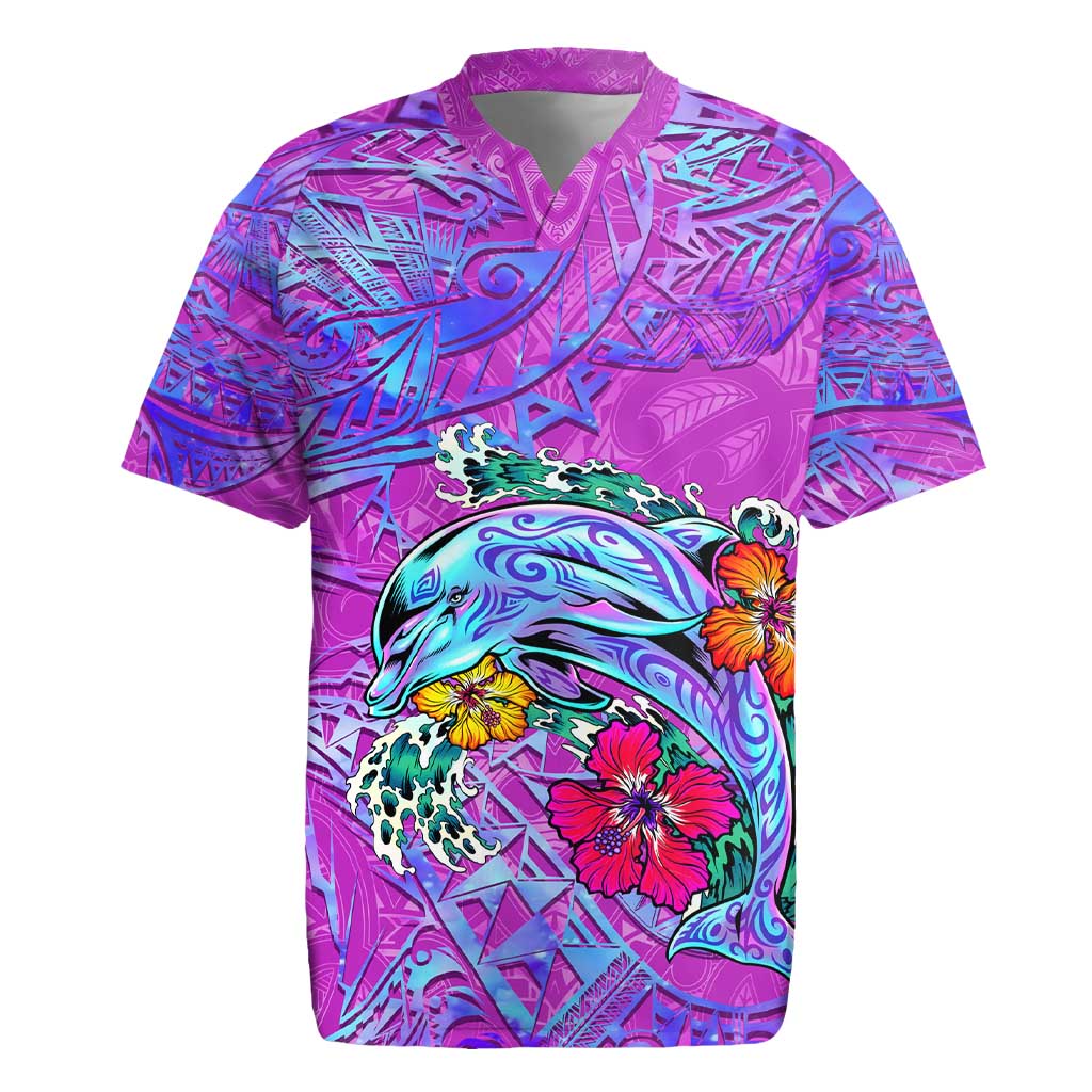 Dolphin Polynesia Rugby Jersey Hibiscus Tropical Wave - Purple Vibes DT02 Purple - Polynesian Pride