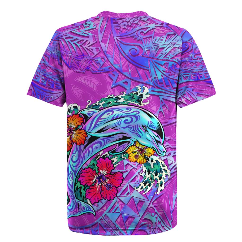 Dolphin Polynesia Rugby Jersey Hibiscus Tropical Wave - Purple Vibes DT02 - Polynesian Pride