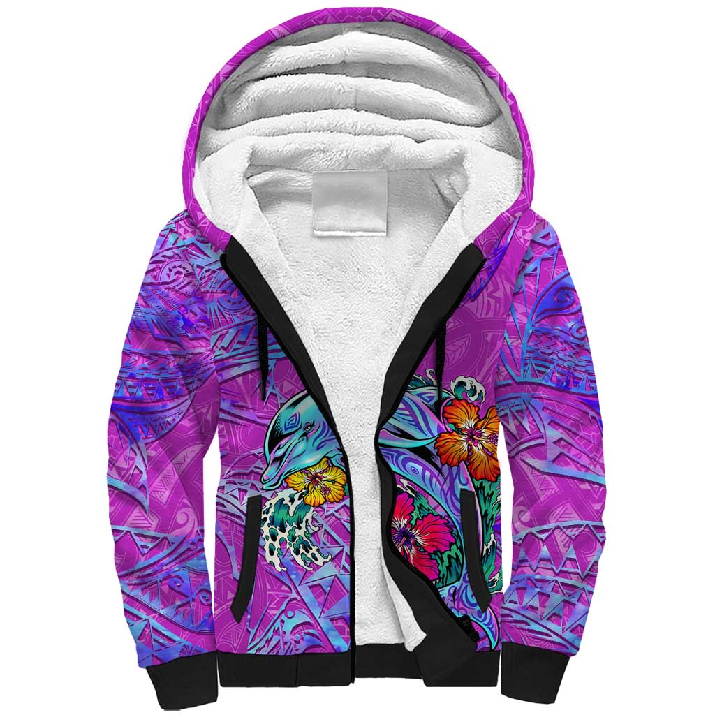 Dolphin Polynesia Sherpa Hoodie Hibiscus Tropical Wave - Purple Vibes DT02 Unisex Purple - Polynesian Pride