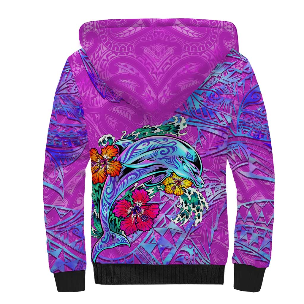 Dolphin Polynesia Sherpa Hoodie Hibiscus Tropical Wave - Purple Vibes DT02 - Polynesian Pride