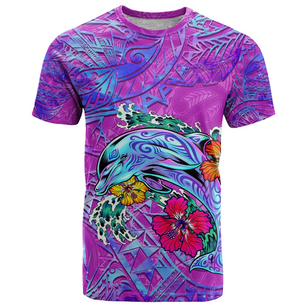Dolphin Polynesia T Shirt Hibiscus Tropical Wave - Purple Vibes DT02 Purple - Polynesian Pride