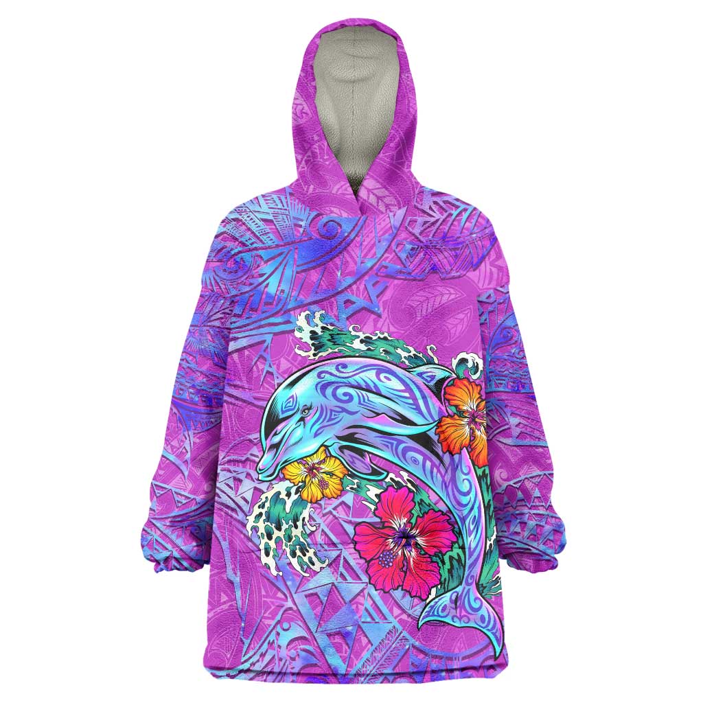 Personalized Dolphin Polynesia Wearable Blanket Hoodie Hibiscus Tropical Wave - Purple Vibes