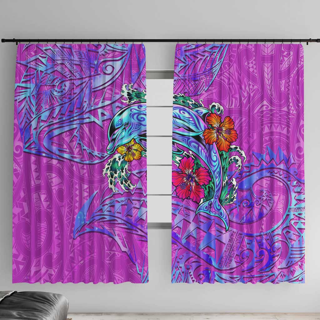 Dolphin Polynesia Window Curtain Hibiscus Tropical Wave - Purple Vibes