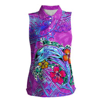 Personalized Dolphin Polynesia Women Sleeveless Polo Shirt Hibiscus Tropical Wave - Purple Vibes