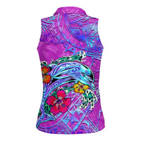 Personalized Dolphin Polynesia Women Sleeveless Polo Shirt Hibiscus Tropical Wave - Purple Vibes