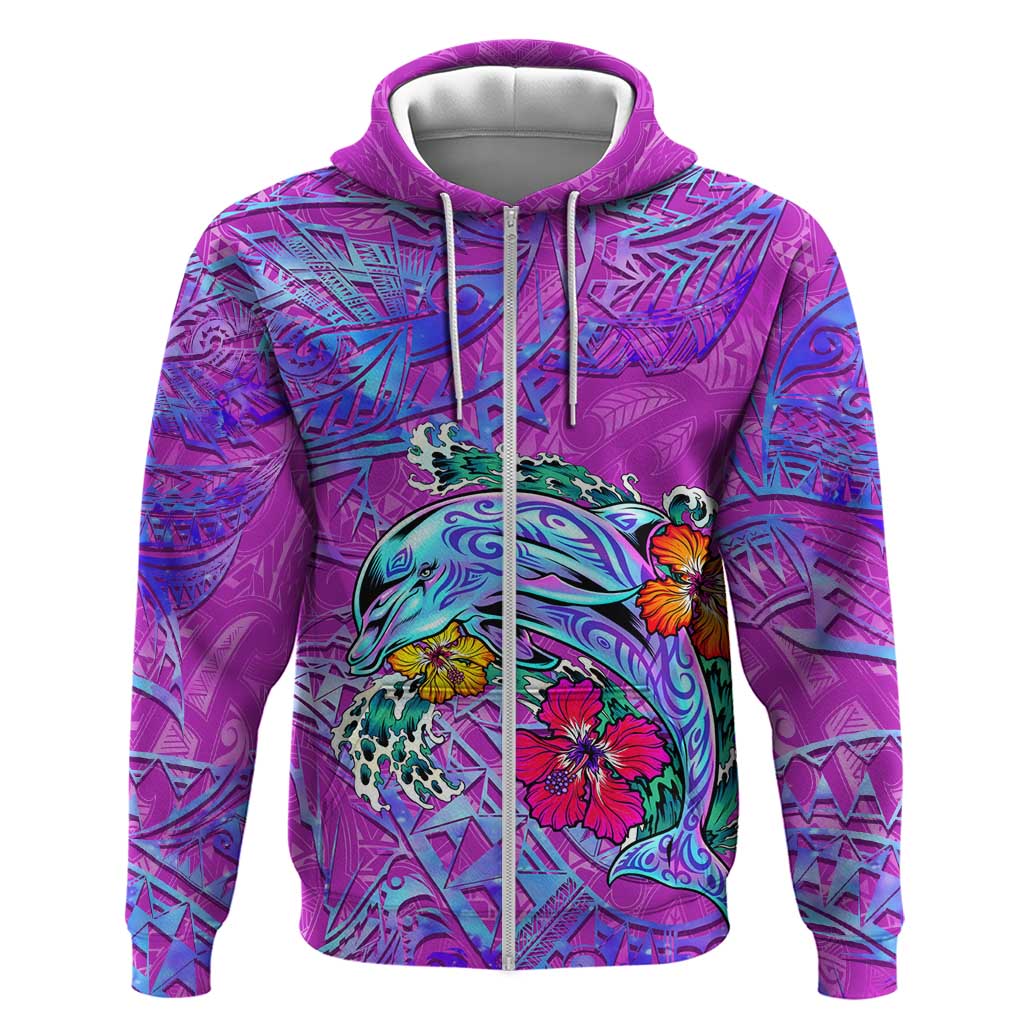 Personalized Dolphin Polynesia Zip Hoodie Hibiscus Tropical Wave - Purple Vibes