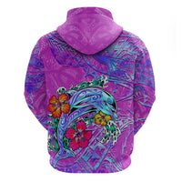 Personalized Dolphin Polynesia Zip Hoodie Hibiscus Tropical Wave - Purple Vibes