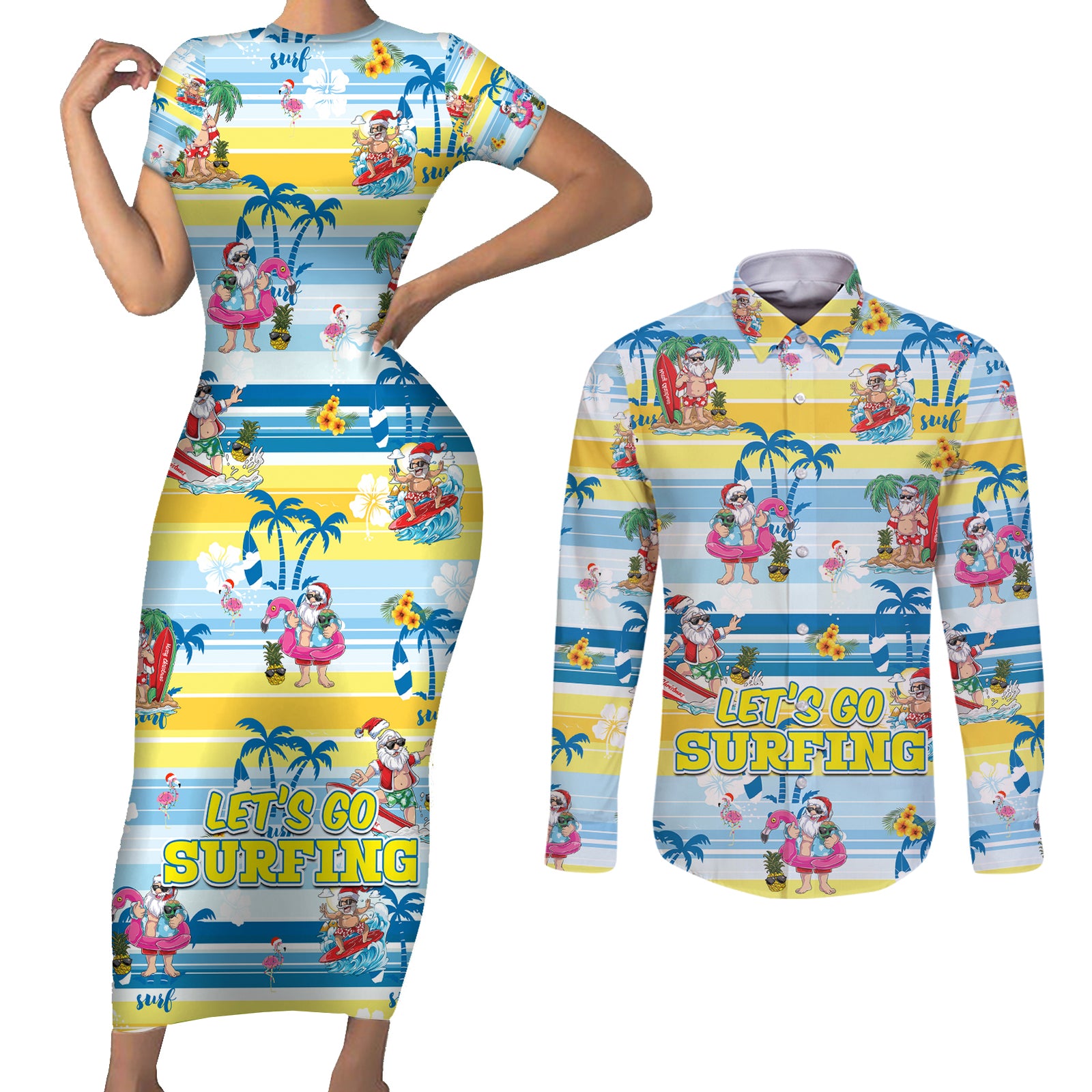 Surfing Christmas Couples Matching Short Sleeve Bodycon Dress and Long Sleeve Button Shirt Tropical Santa Let's Go Surfing DT02 Art - Polynesian Pride