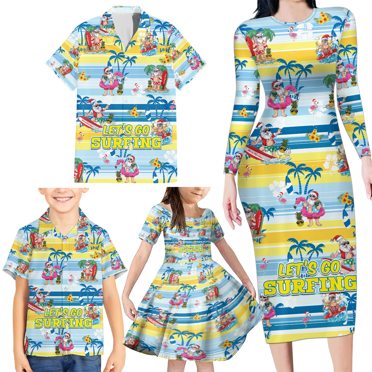 Surfing Christmas Family Matching Long Sleeve Bodycon Dress and Hawaiian Shirt Tropical Santa Let's Go Surfing DT02 - Polynesian Pride