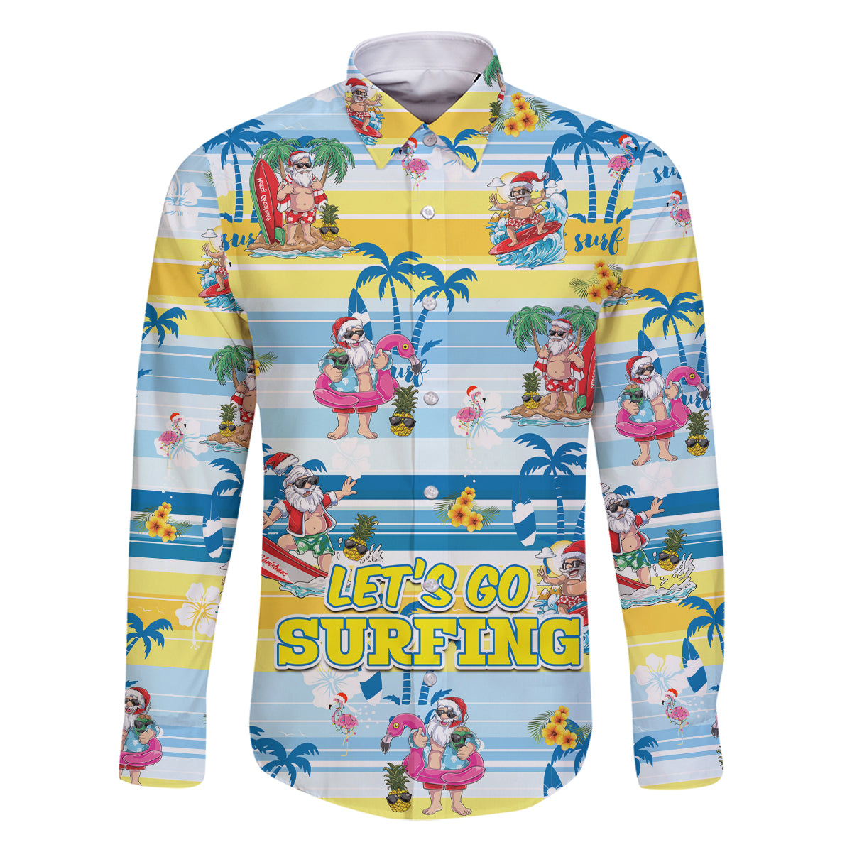 Surfing Christmas Family Matching Puletasi Dress and Hawaiian Shirt Tropical Santa Let's Go Surfing DT02 Dad's Shirt - Long Sleeve Art - Polynesian Pride