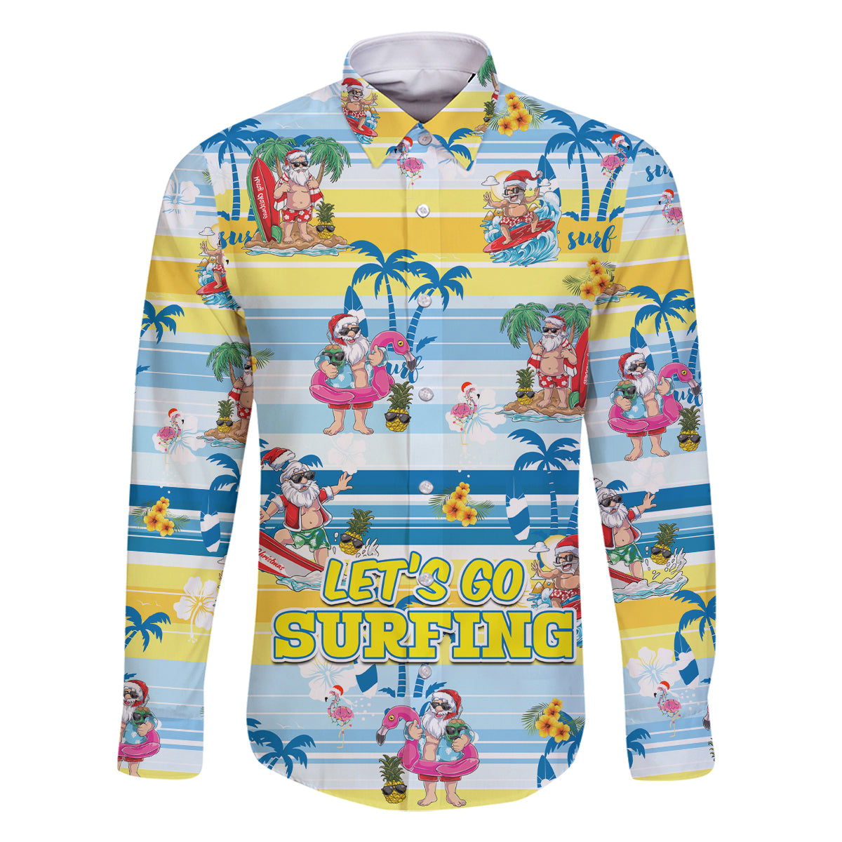 Surfing Christmas Family Matching Summer Maxi Dress and Hawaiian Shirt Tropical Santa Let's Go Surfing DT02 Dad's Shirt - Long Sleeve Art - Polynesian Pride