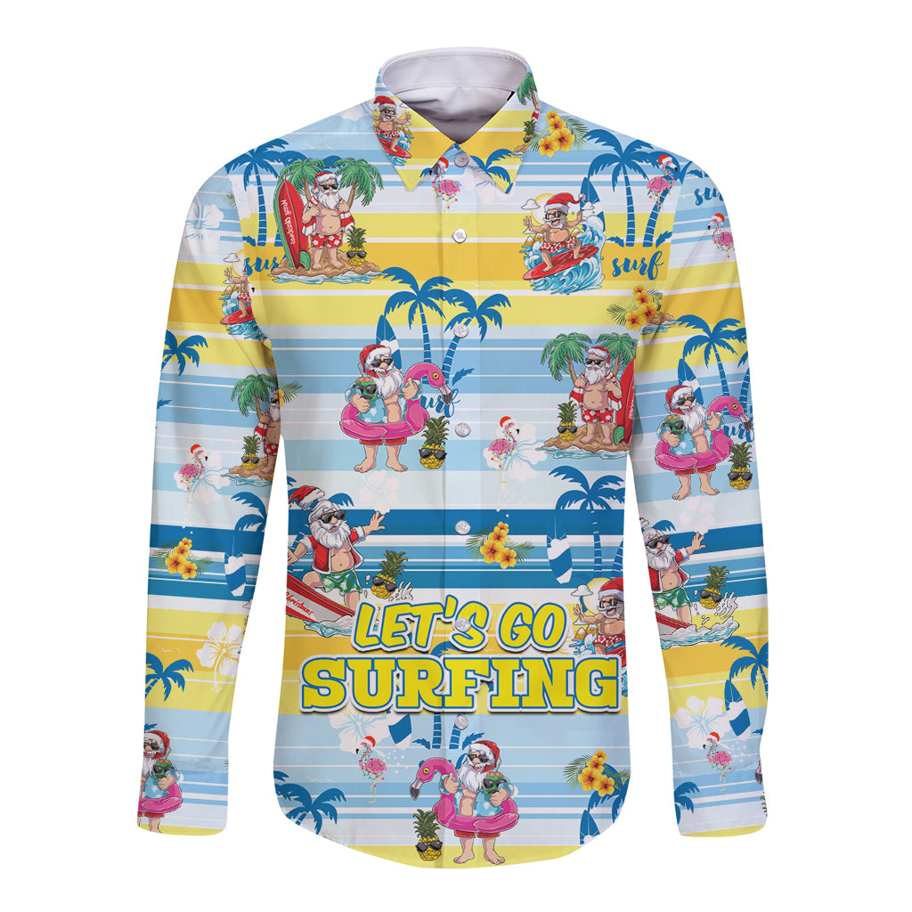Surfing Christmas Long Sleeve Button Shirt Tropical Santa Let's Go Surfing DT02 Unisex Art - Polynesian Pride