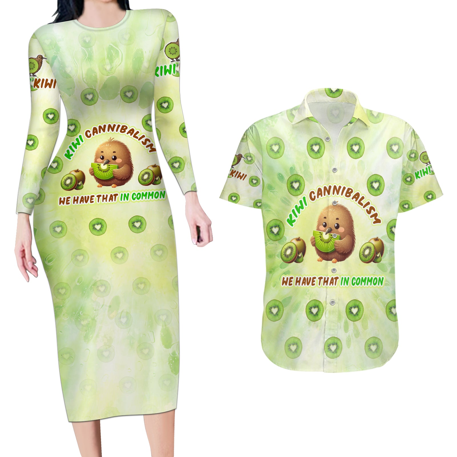 Kiwi Cannibalism Couples Matching Long Sleeve Bodycon Dress and Hawaiian Shirt New Zealand Kiwi Cute Bird Funny