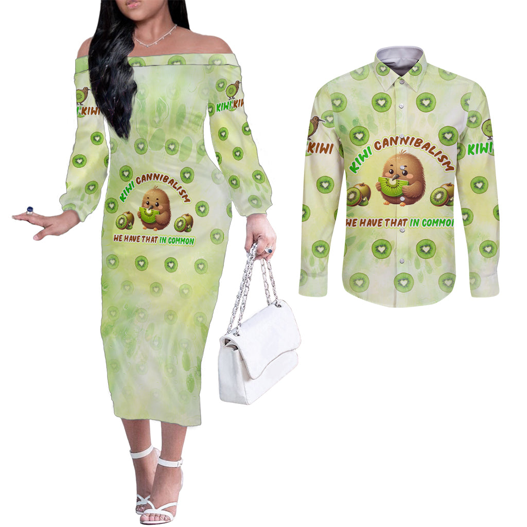 Kiwi Cannibalism Couples Matching Off The Shoulder Long Sleeve Dress and Long Sleeve Button Shirt New Zealand Kiwi Cute Bird Funny