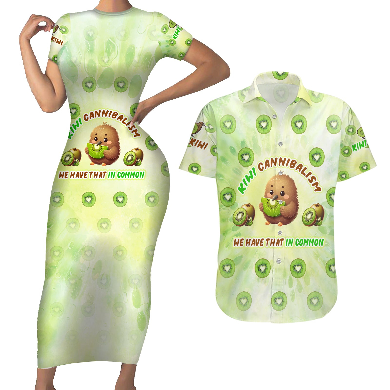 Kiwi Cannibalism Couples Matching Short Sleeve Bodycon Dress and Hawaiian Shirt New Zealand Kiwi Cute Bird Funny