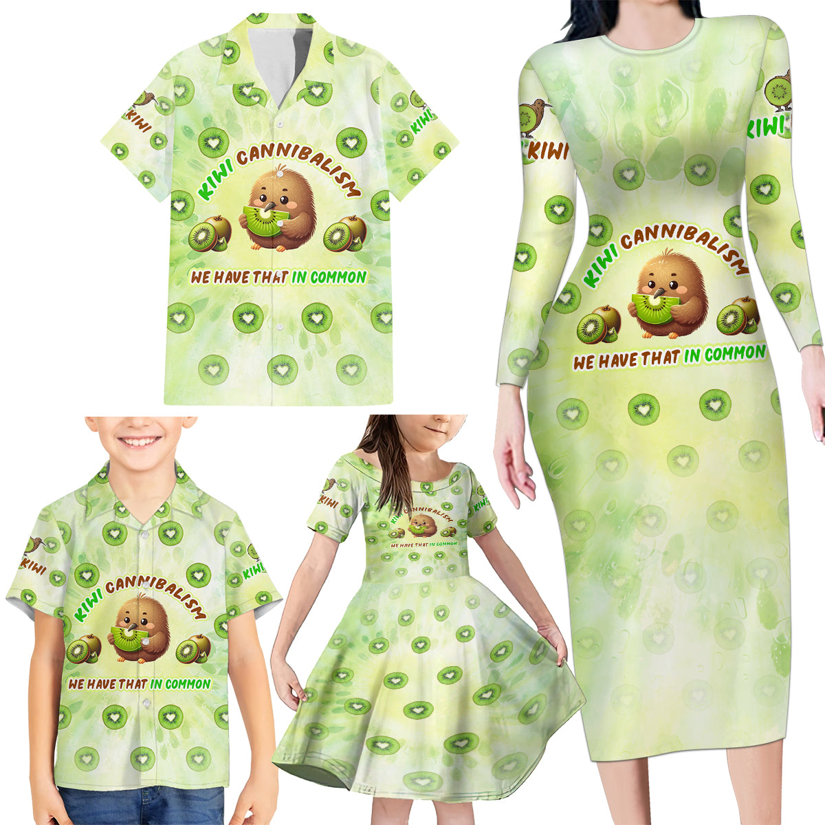 Kiwi Cannibalism Family Matching Long Sleeve Bodycon Dress and Hawaiian Shirt New Zealand Kiwi Cute Bird Funny