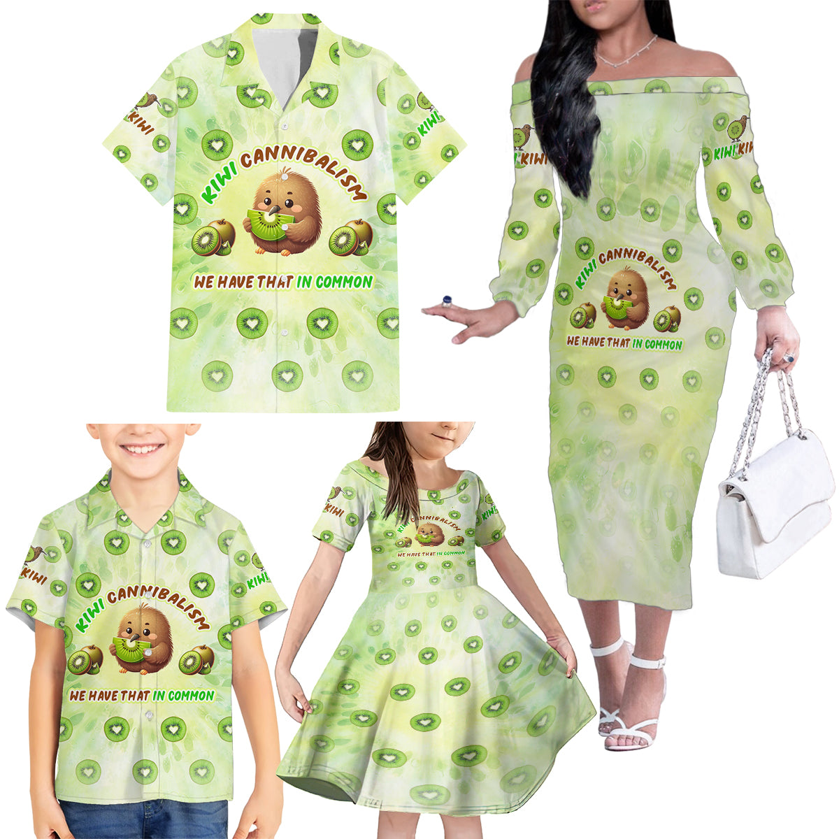 Kiwi Cannibalism Family Matching Off The Shoulder Long Sleeve Dress and Hawaiian Shirt New Zealand Kiwi Cute Bird Funny