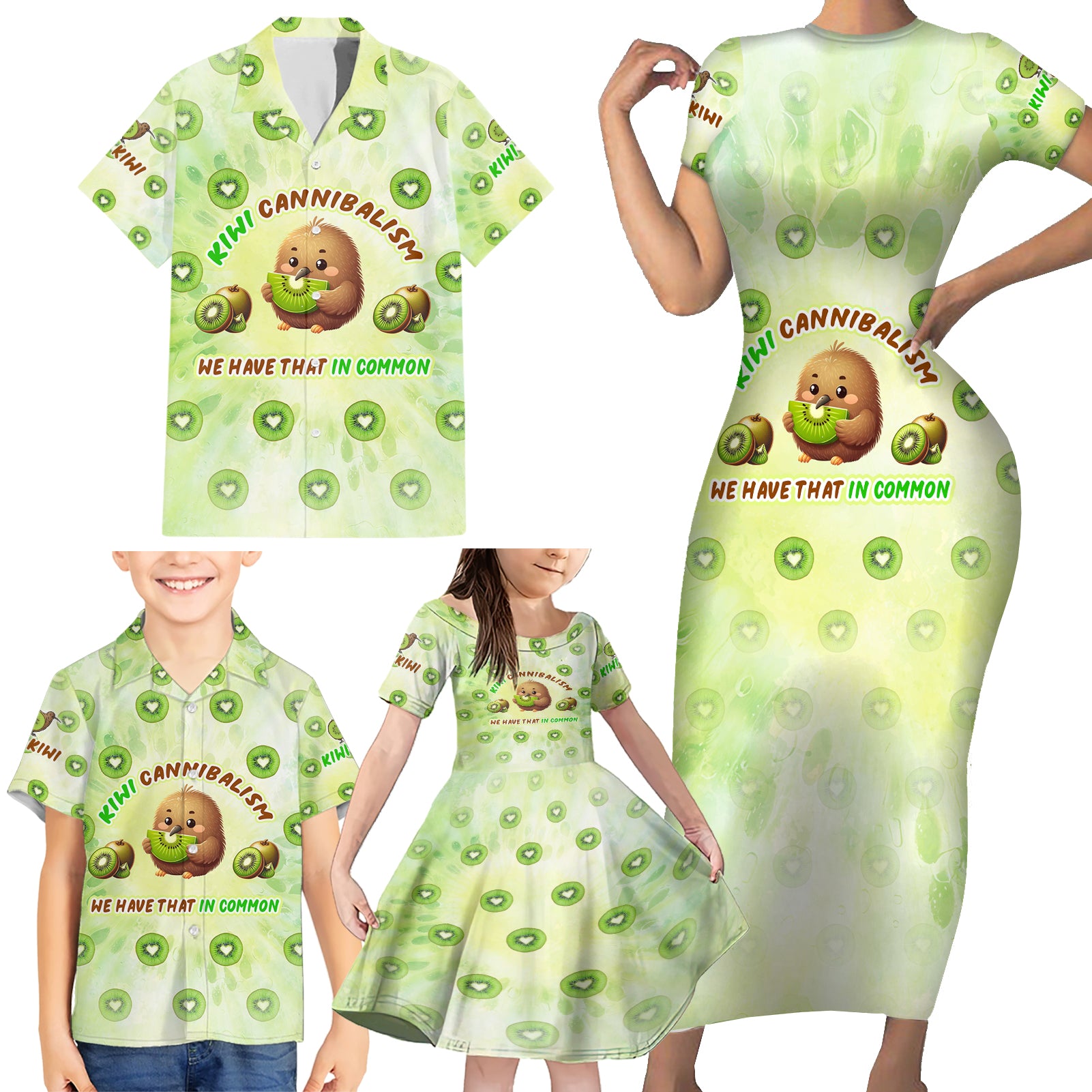 Kiwi Cannibalism Family Matching Short Sleeve Bodycon Dress and Hawaiian Shirt New Zealand Kiwi Cute Bird Funny