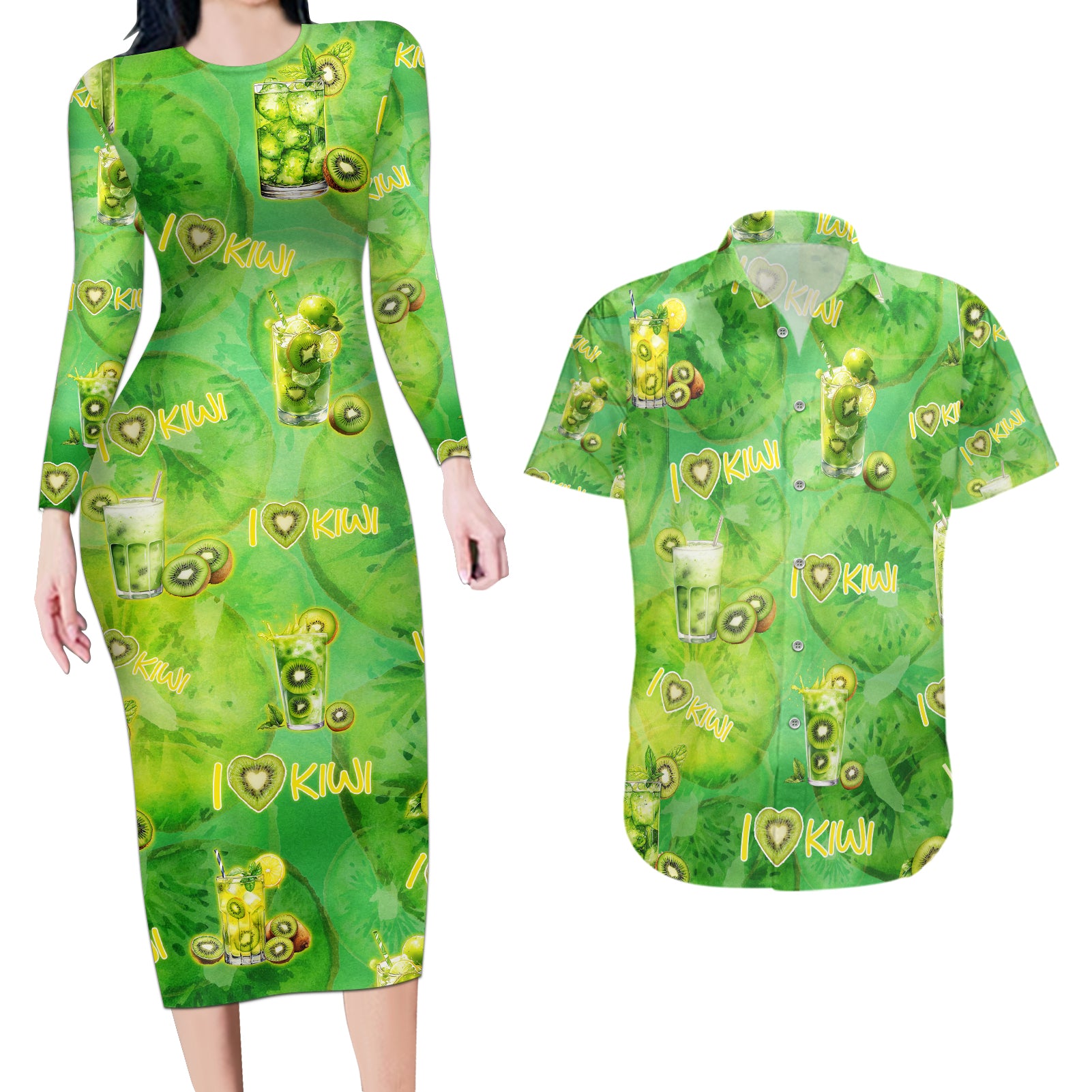 I Love Kiwi Couples Matching Long Sleeve Bodycon Dress and Hawaiian Shirt New Zealand Kiwi Fruit Summer Cocktail